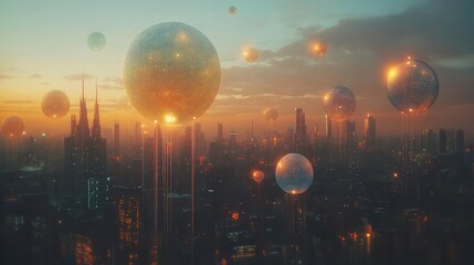 Futuristic cityscape at sunset with glowing orbs floating above skyscrapers.