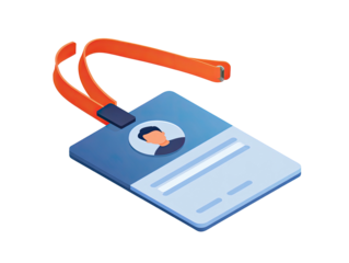 A light blue ID card with a photo and an orange lanyard, presented on a black background