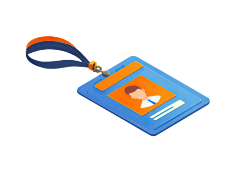 Isometric view of a blue and orange ID badge with a lanyard and a generic avatar portrait