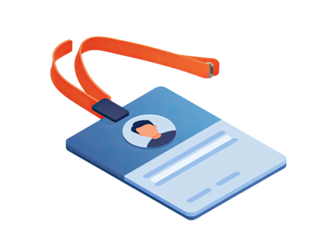 A light blue ID card with a photo and an orange lanyard, presented on a black background - Powered by Adobe