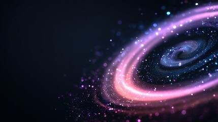 A spiraling, nebulous cosmos swirls with soft hues of pink, blue, and purple, speckled with points of light