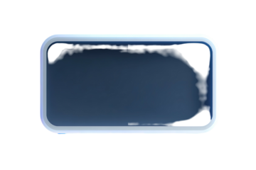 A stylized rectangular button with rounded edges, a light border, and a dark blue inner section