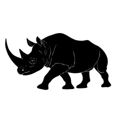 Black silhouette drawing of a black rhino vector illustration on a white background