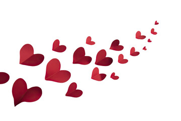 Floating paper hearts in various sizes on a dark background, creating a romantic, flowing design