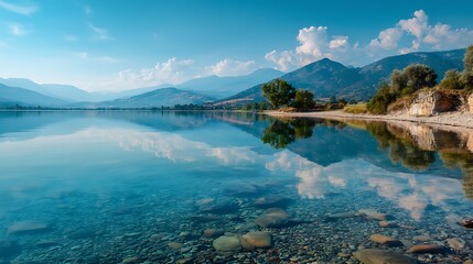 Minimalist natural lake scene with clear reflections of distant mountains and clouds, top-left blank space for advertising or marketing text, serene and peaceful outdoor landscape composition.
