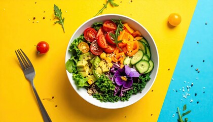 Colorful Vegan Bowl with Fresh Vegetables on Split Yellow and Blue Background