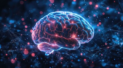 A glowing, abstract representation of the human brain with interconnected neural pathways and luminous particles.