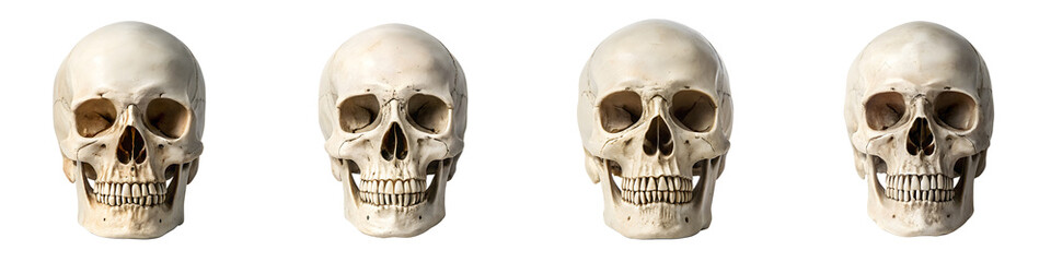 Set For human skulls isolated on transparent background are posing in a row