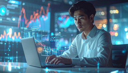 Man working on laptop with stock market data overlay.