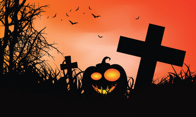 Halloween template, glow eyes pumpkin on the forgotten graveyard