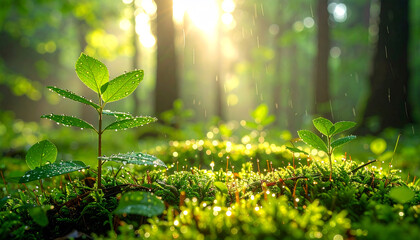 Young plants growing in a lush, green forest with sunlight streaming through the trees.