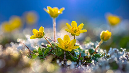 Obraz premium Close-up of vibrant yellow flowers blooming in a natural setting, with a soft, blurred background.
