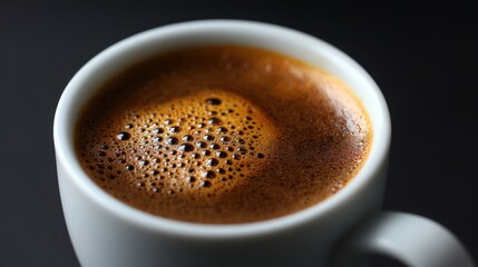 Fototapeta premium A close-up shot of a white ceramic mug filled with freshly brewed espresso, showcasing the rich crema.