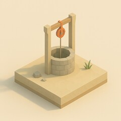 Minimal low poly stone water well with pulley