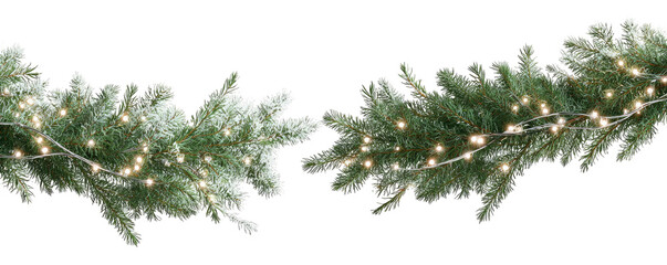 Close-up of a decorative garland with illuminated lights and frost-like accents, set against black