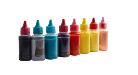 Color Ink Bottles Assortment of Colorful Liquids on White Background