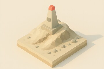 Minimal low poly summit obelisk on rocky mound