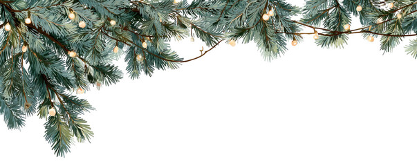 Festive watercolor image of evergreen branches with small twinkling lights. Black background space