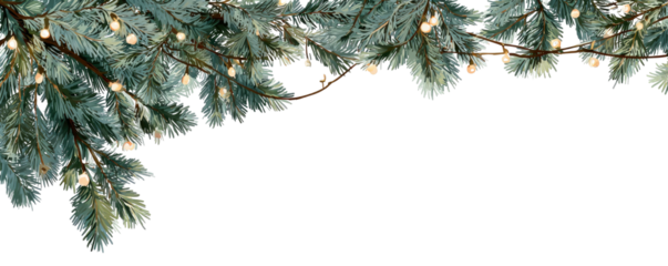 Festive watercolor image of evergreen branches with small twinkling lights. Black background space