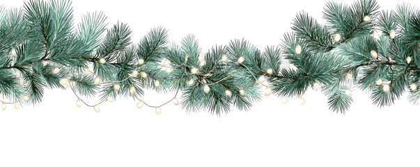 A decorative garland features green foliage with illuminated string lights, on a transparent backdrop