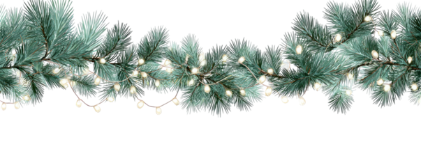 A decorative garland features green foliage with illuminated string lights, on a transparent backdrop