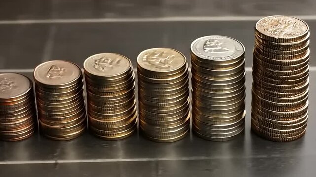 Stacked coins of various metals displaying a gradient from copper to silver on a dark surface