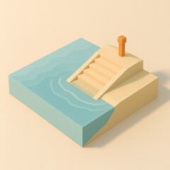 Minimal low poly riverside steps with bollard