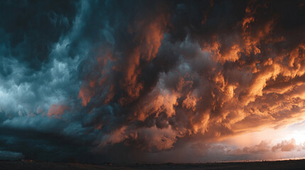 Naklejka premium Dramatic sky with swirling storm clouds evokes intensity and power of nature, creating a moody, atmospheric scene full of tension, movement, and dark beauty