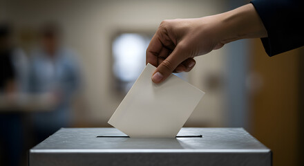 The crucial act of voting is captured as a citizen's hand drops a ballot into the box, highlighting the democratic process and civic engagement.