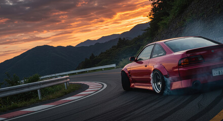 Fototapeta premium Car drifting on mountain road in Japan at dusk or dawn