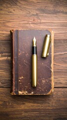 Still life featuring old book and fountain pen