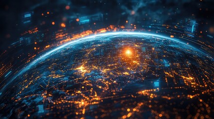 A futuristic digital representation of Earth, glowing with data streams and city lights.