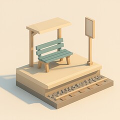 Low-poly train platform with bench and sign