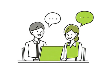 Illustration depicts two people smiling, exchanging ideas, and working on a laptop