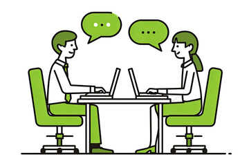 Two people, gender-neutral silhouettes, converse over laptops, green speech bubbles, black background
