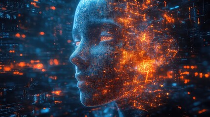 A digital rendering of a human face composed of glowing particles and data streams, representing artificial intelligence and the digital realm.
