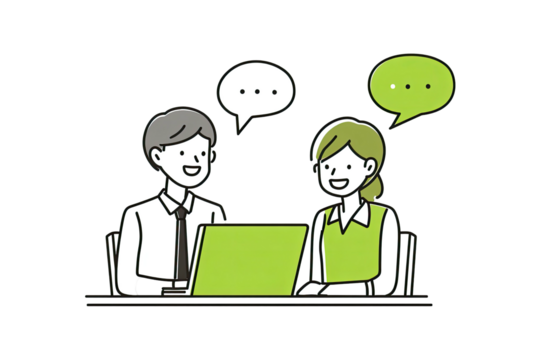 Illustration depicts two people smiling, exchanging ideas, and working on a laptop