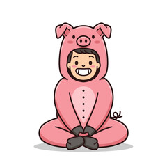 Smiling character in pink pig costume sitting cross-legged, hands clasped, cheerful pose.