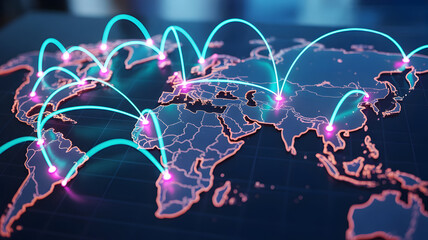 Illustration of a world map with glowing cyan and pink connection lines against a dark blue background. The world map is rendered in a metallic rose gold color with detailed country borders.