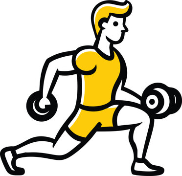 Stylized man in yellow workout clothes performing dumbbell lunges fitness exercise