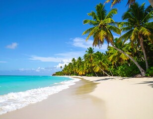 Tropical Beach Scene White Sand, Turquoise Water, Palm Trees & Sky