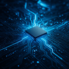 AI generated futuristic digital circuit board with glowing blue signal lines and central microchip symbolizing advanced technology data flow energy and modern cyber innovation