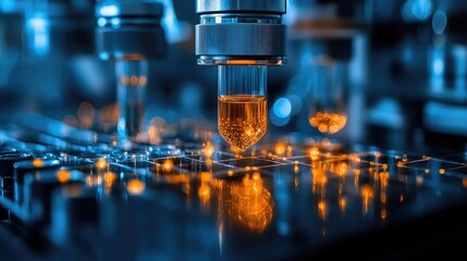 Automated laboratory equipment precisely dispensing a liquid sample into a vial for scientific research.