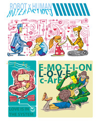 Vector illustration of robot or humanoid showing some compassion to children. And other interaction with human offspring.