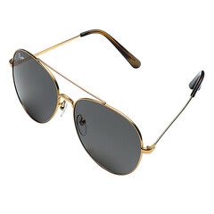 Classic aviator sunglasses with mirrored lenses and gold metal frame angled against a black background isolated on transparent background
