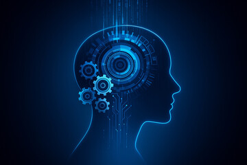 AI generated futuristic technology concept showing human brain connected with digital gears data flow and innovation network symbolizing intelligence and advanced processing system