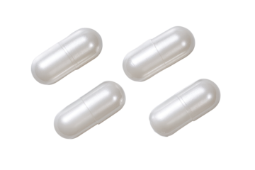Four glossy, light gray capsules arranged in a diamond pattern