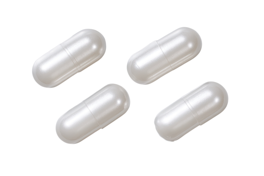 Four glossy, light gray capsules arranged in a diamond pattern