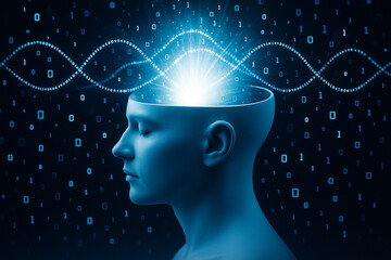 AI generated futuristic digital artwork showing glowing human head with bright data waves and binary symbols representing intelligence brain activity and information technology
