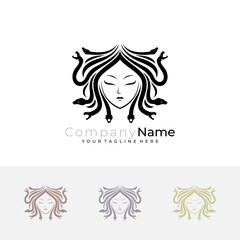 logo of a beautiful woman combined with hair full of snakes